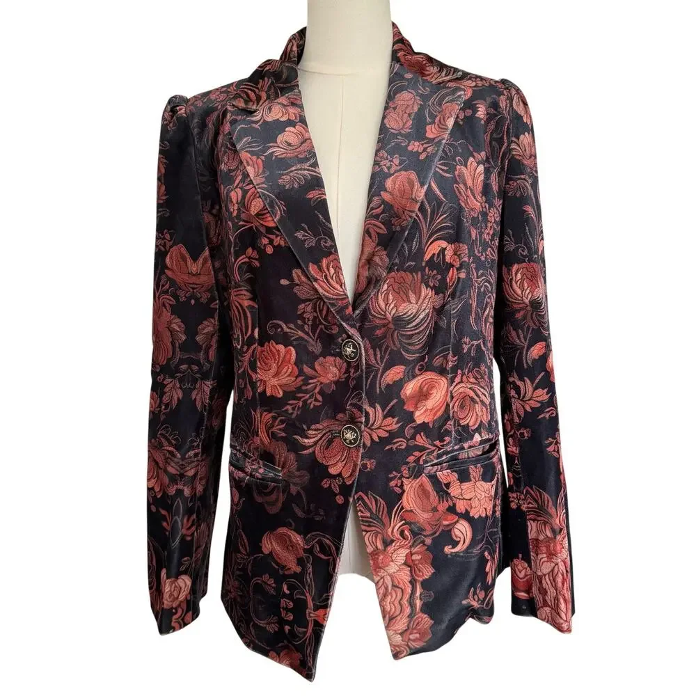 FuTario (M) Velvet Jacquard Floral Blazer Gathered Shoulders Black/Gold Buttons